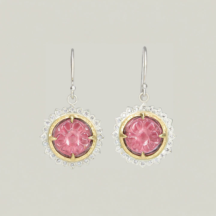 Round Carved Pink Tourmaline Earrings