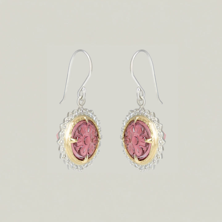 Round Carved Pink Tourmaline Earrings