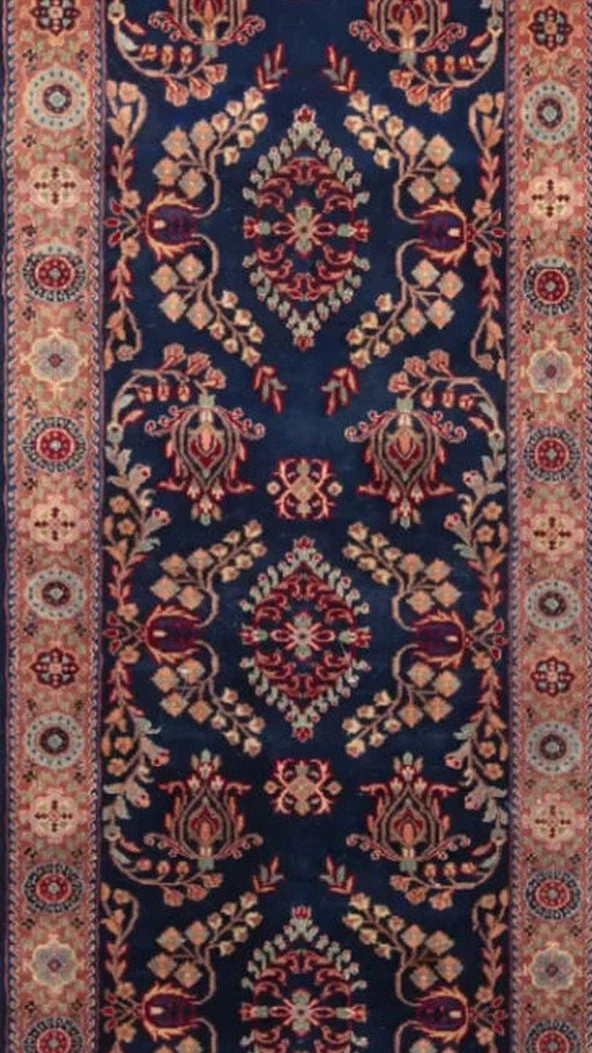 Navy Traditional Indo Sarouk Wool Runner - 2'8" x 11'1