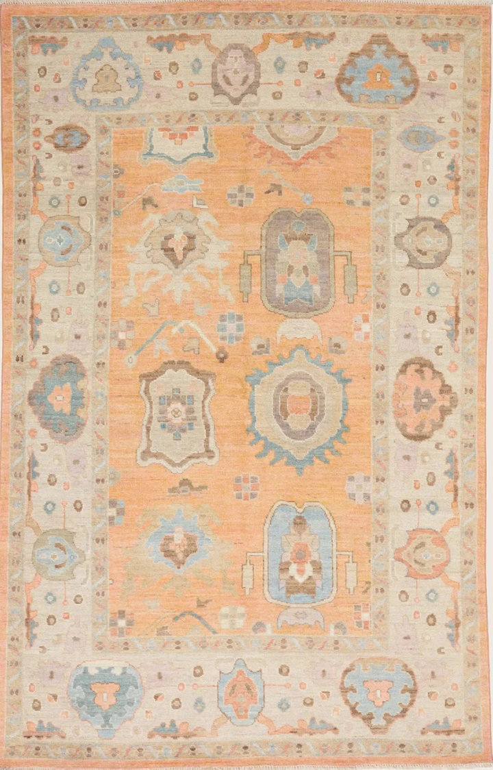Orange Traditional Pak Colorful Oushak Wool Rug - 5'1 x 9'2"