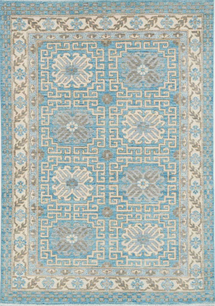 Blue Cream Traditional Pak Khotan Wool Rug - 5'1" x 7'3"