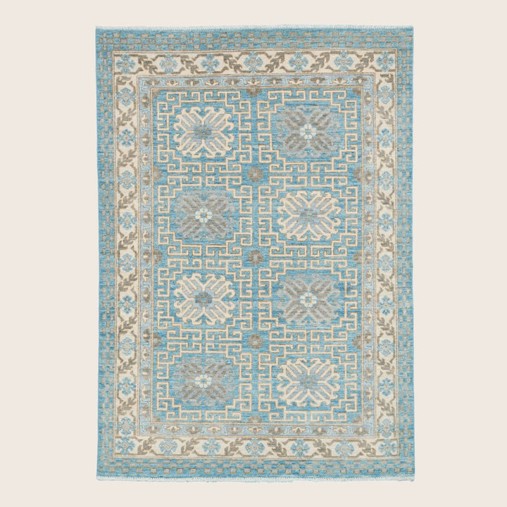 Blue Cream Traditional Pak Khotan Wool Rug - 5'1" x 7'3"