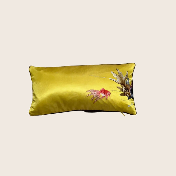 Image for Vintage Embroidered Silk Goldfish Lumbar Pillow