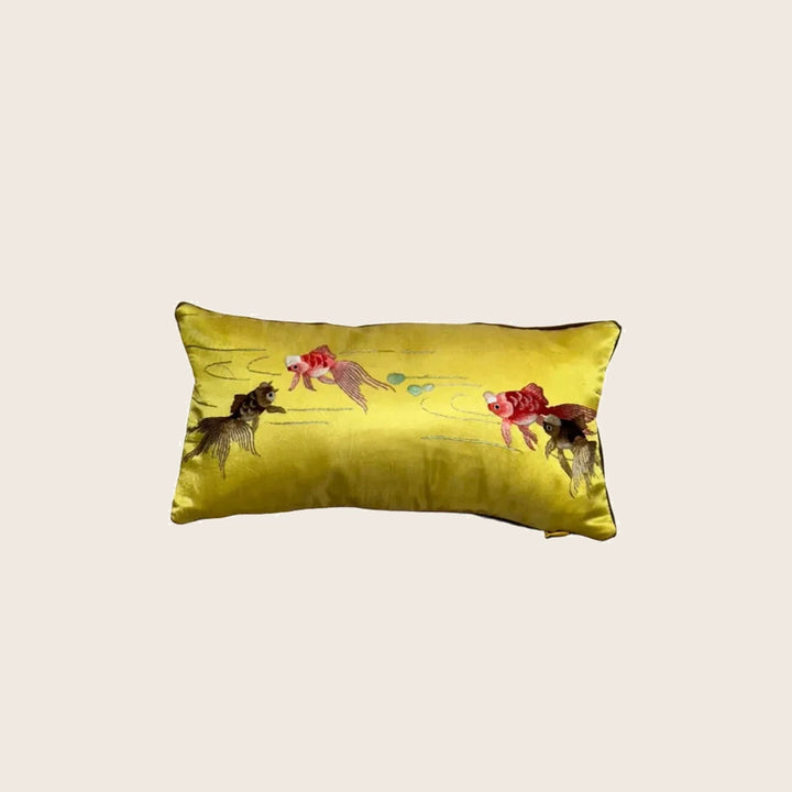 Image for Vintage Embroidered Silk Goldfish Lumbar Pillow