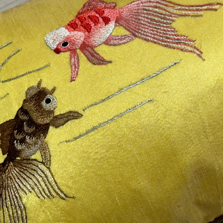 Image for Vintage Embroidered Silk Goldfish Lumbar Pillow