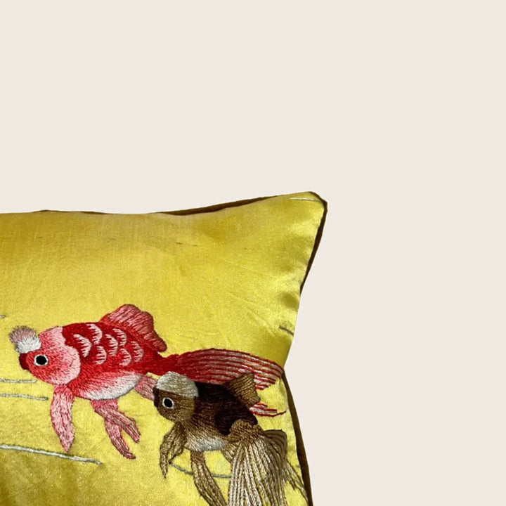 Image for Vintage Embroidered Silk Goldfish Lumbar Pillow