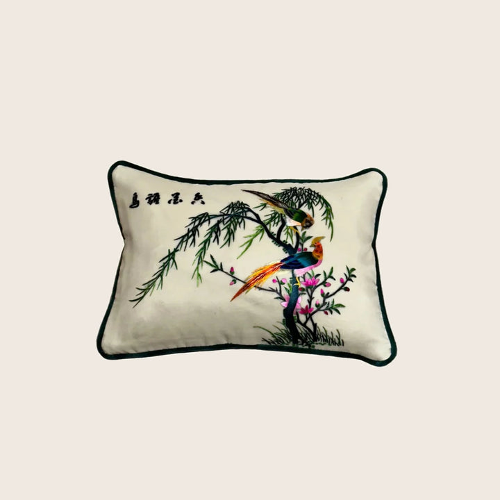 Image for Vintage Bird and Flower Silk Lumbar Pillow