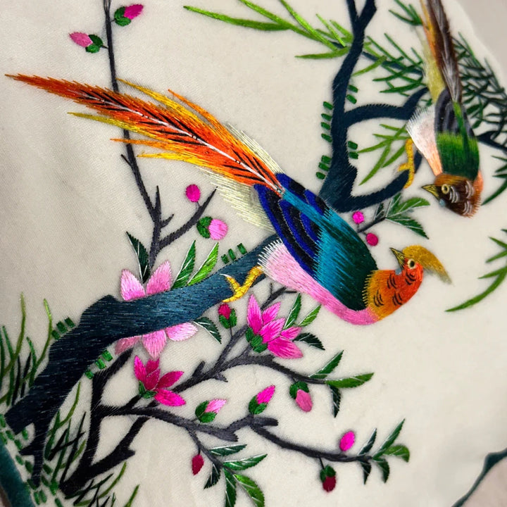 Image for Vintage Bird and Flower Silk Lumbar Pillow