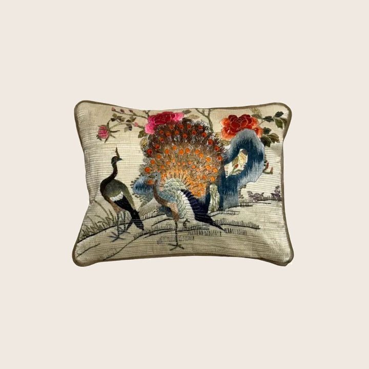 Image for Antique Silk Embroidered Peacock Lumbar Pillow