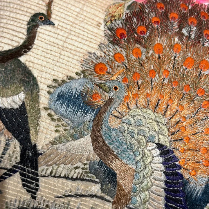Image for Antique Silk Embroidered Peacock Lumbar Pillow