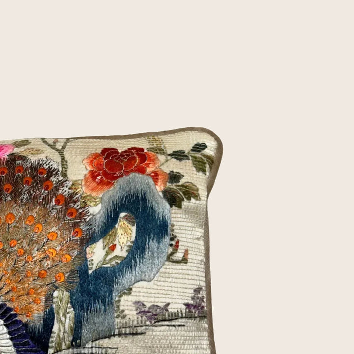 Image for Antique Silk Embroidered Peacock Lumbar Pillow