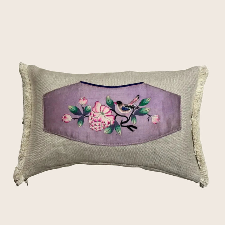 Image for Antique Silk Embroidered Bird Panel Lumbar Pillow