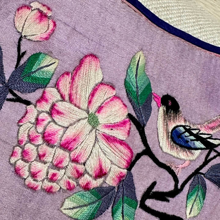 Image for Antique Silk Embroidered Bird Panel Lumbar Pillow