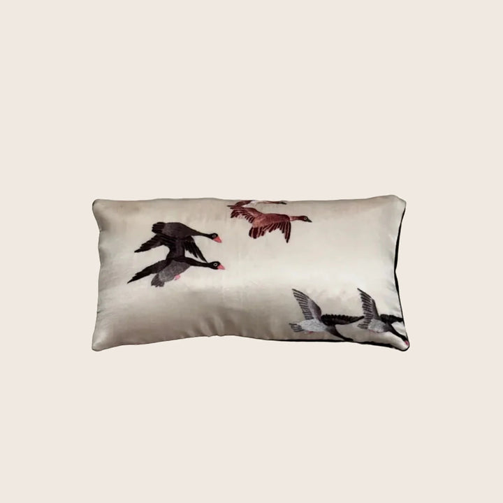 Image for Antique Silk Embroidered Bird Lumbar Pillow