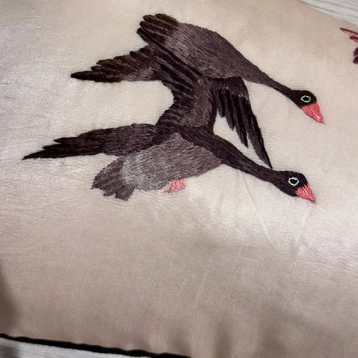 Image for Antique Silk Embroidered Bird Lumbar Pillow