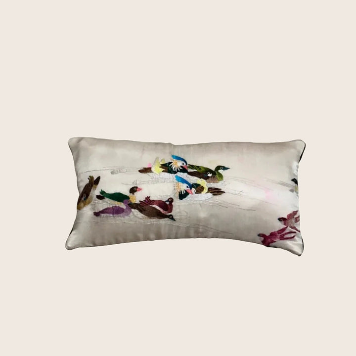 Image for Antique Silk Embroidered Bird Lumbar Pillow