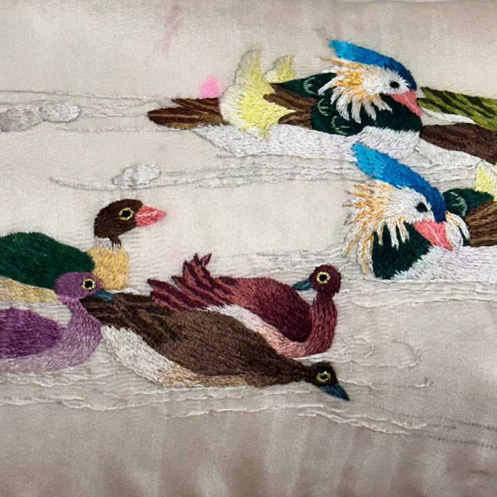 Image for Antique Silk Embroidered Bird Lumbar Pillow