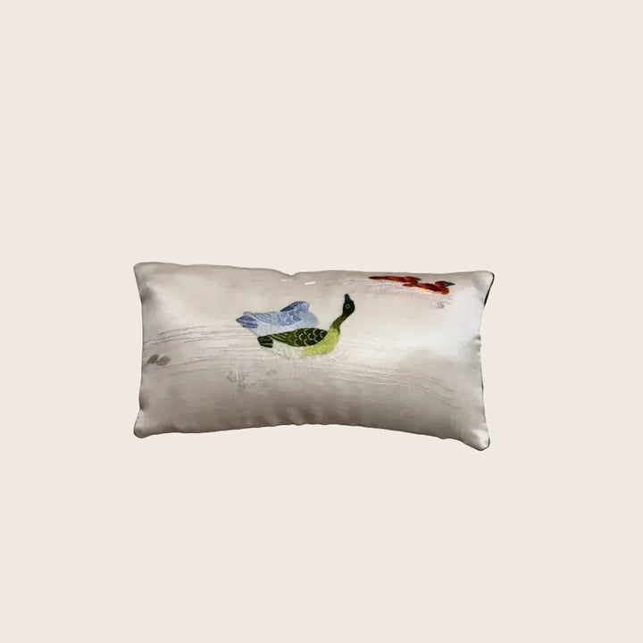 Image for Antique Silk Embroidered Bird Lumbar Pillow