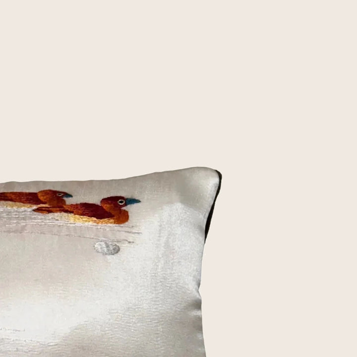Image for Antique Silk Embroidered Bird Lumbar Pillow