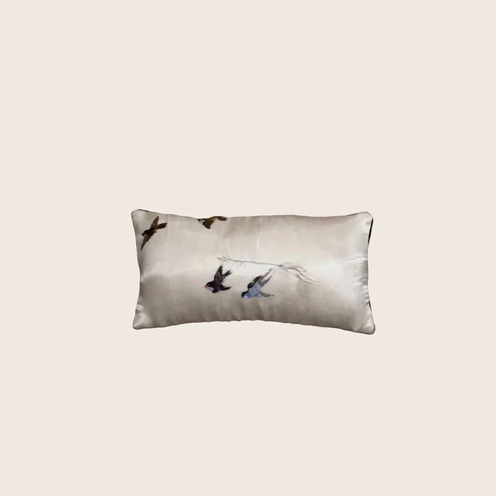 Image for Antique Silk Embroidered Bird Lumbar Pillow