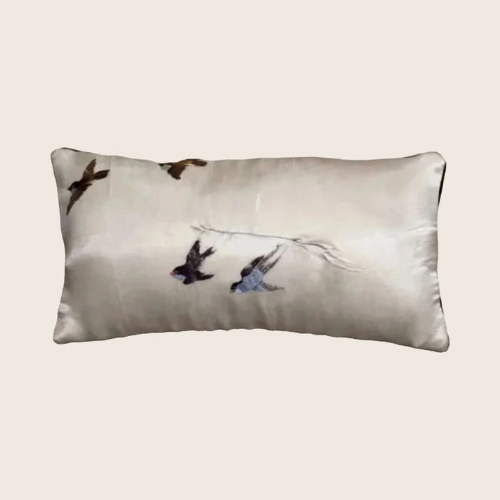 Antique Silk Embroidered Bird Lumbar Pillow