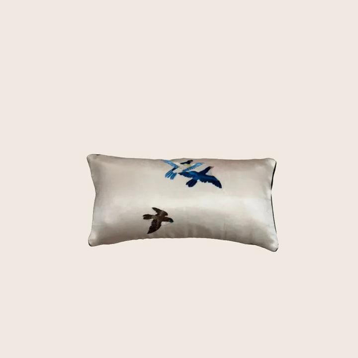Image for Antique Silk Embroidered Bird Lumbar Pillow