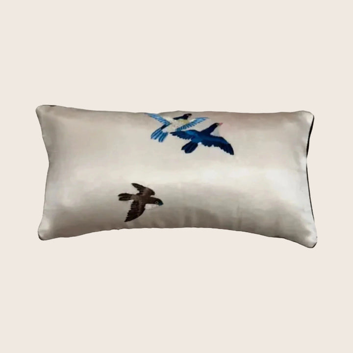 Antique Silk Embroidered Bird Lumbar Pillow
