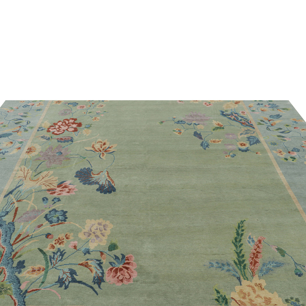 Green Art Deco Wool Cotton Blend Rug - 9'10" x 14'2"