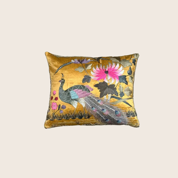 Image for Antique Silk Peacock Qing Dynasty Lumbar Pillow