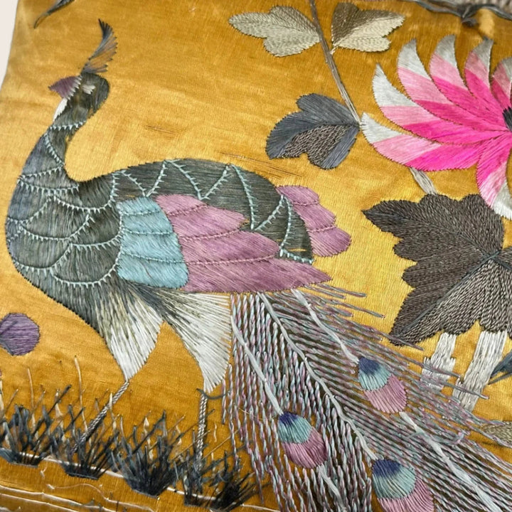 Image for Antique Silk Peacock Qing Dynasty Lumbar Pillow