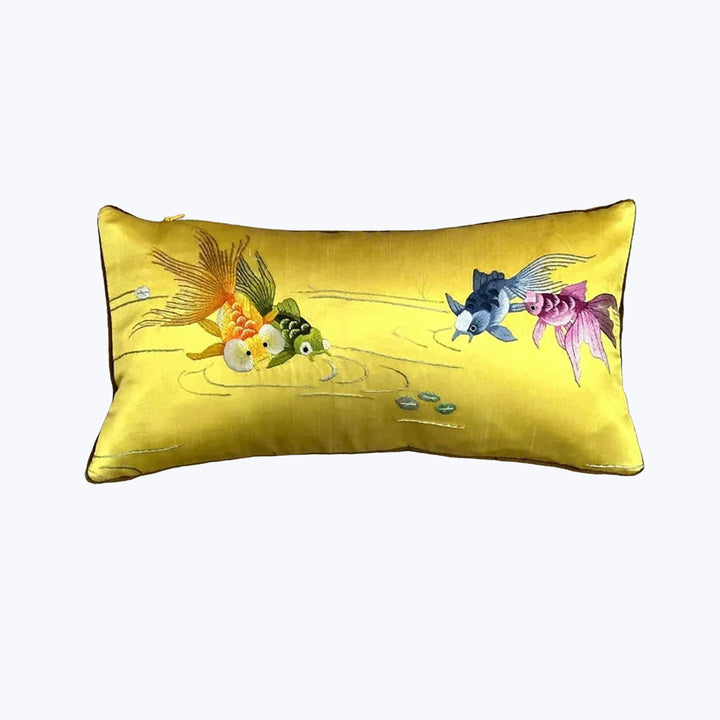 Image for Vintage Embroidered Silk Goldfish Lumbar Pillow