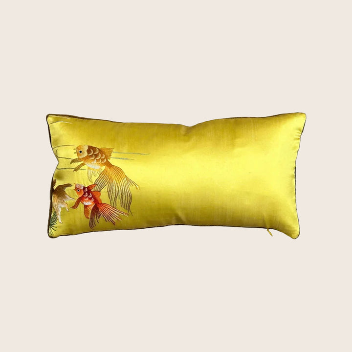 Vintage Embroidered Silk Goldfish Lumbar Pillow
