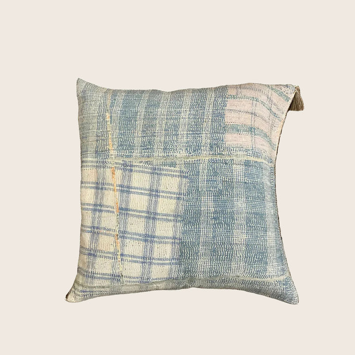 Image for Vintage Indigo Plaid Kantha Pillow