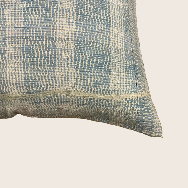Image for Vintage Indigo Plaid Kantha Pillow