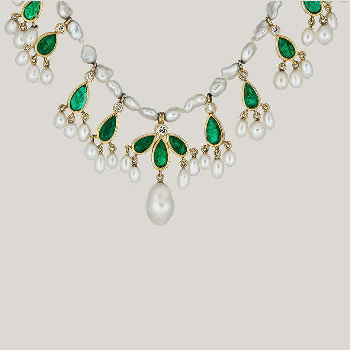 18K Yellow Gold Pearl, Emerald, Diamond Swag Necklace