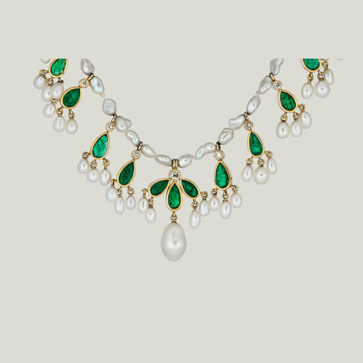 Image for 18KYG Pearl, Emerald, Diamond Swag Necklace