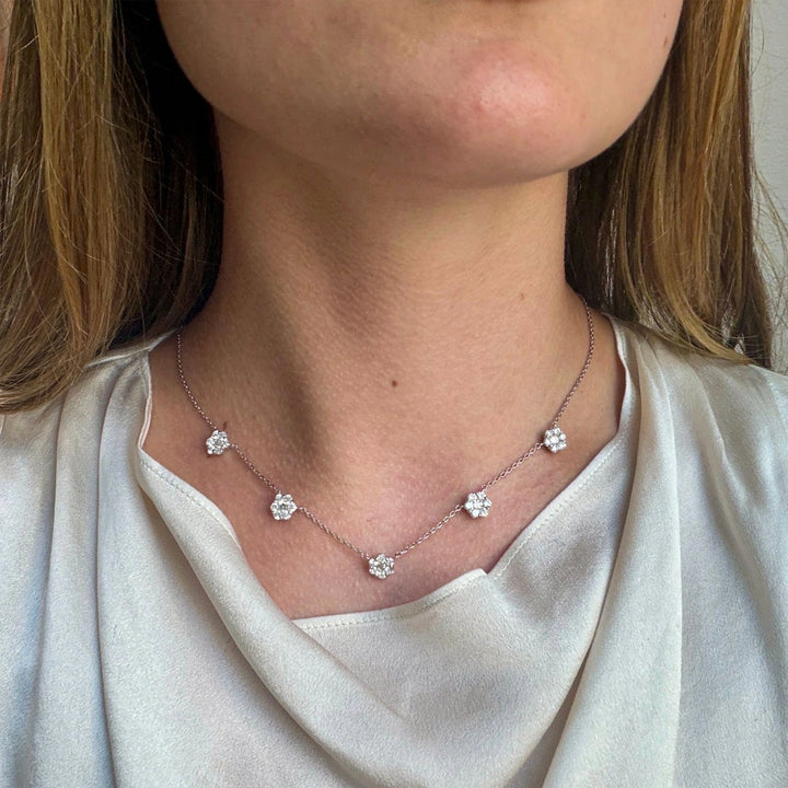 18K White Gold Diamond Cluster Fringe Necklace