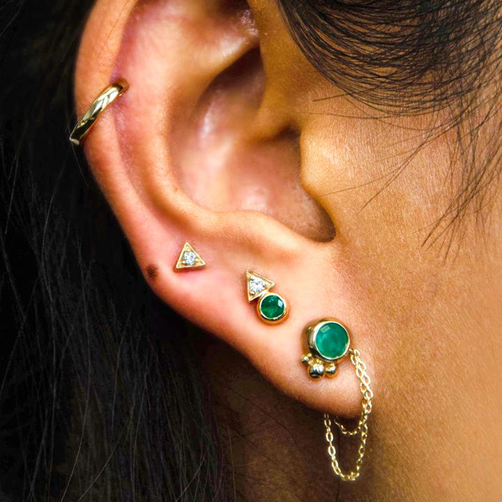 14K Yellow Gold Cléo Deco Emerald and Diamond Single Stud