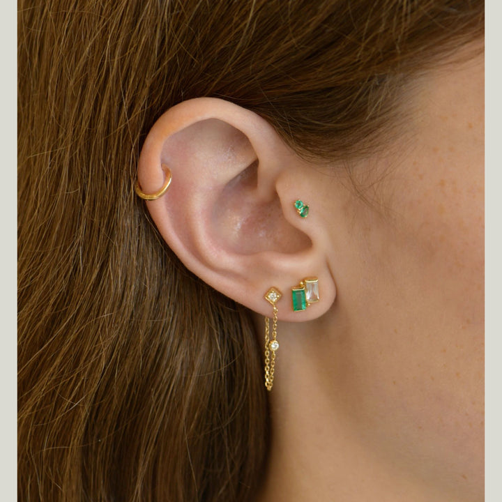 14K Yellow Gold Cléo Deux Carré Studs with Emerald and White Topaz