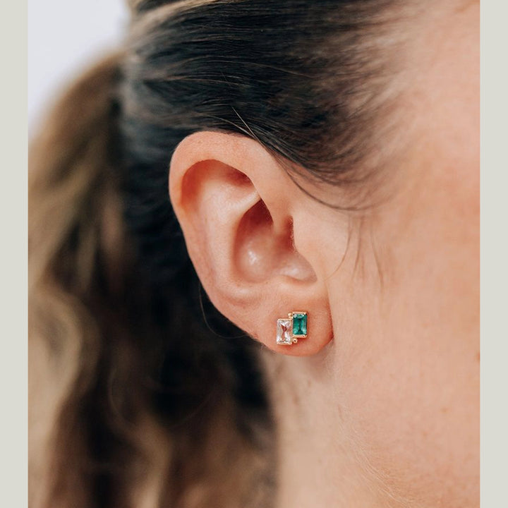 14K Yellow Gold Cléo Deux Carré Studs with Emerald and White Topaz