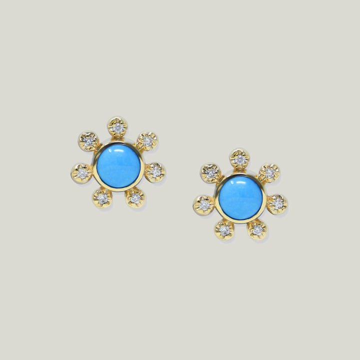 14K Yellow Gold Turquoise and Diamond Marine Stud Earrings