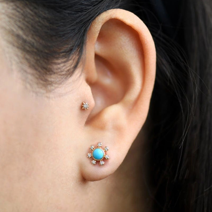 14K Yellow Gold Turquoise and Diamond Marine Stud Earrings
