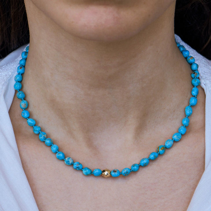 14K Yellow Gold Bohème Sleeping Beauty Turquoise Nugget and Gold Necklace