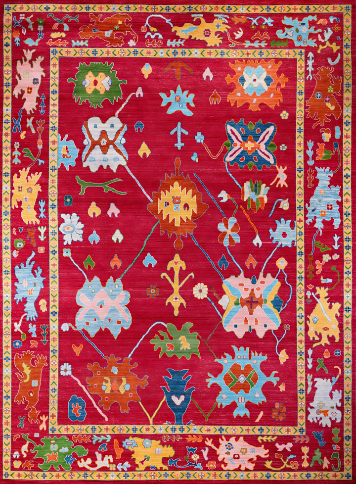 Red Traditional Oushak Wool Rug - 10'3" x 13'9"