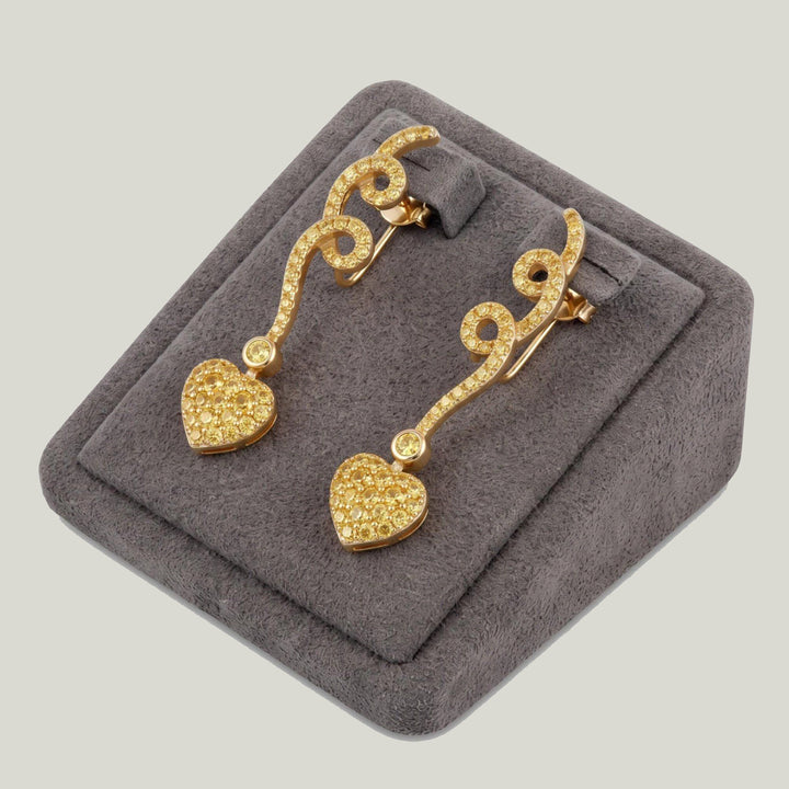 Vintage 18K Yellow Gold Yellow Diamond Heart Dangle Earrings