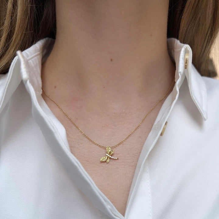 Vintage 18K Yellow Gold Diamond and Sapphire Dragonfly Necklace