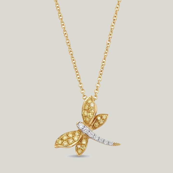 Vintage 18K Yellow Gold Diamond and Sapphire Dragonfly Necklace