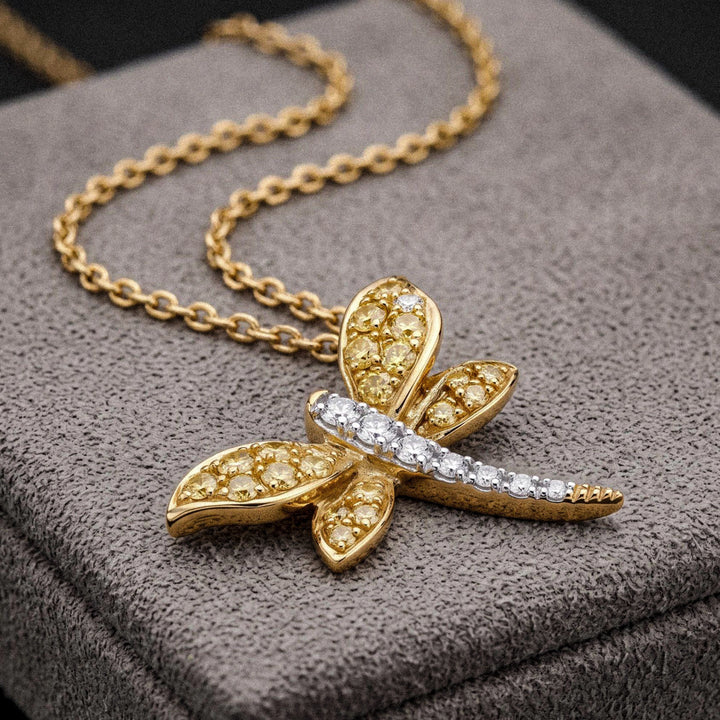 Vintage 18K Yellow Gold Diamond and Sapphire Dragonfly Necklace