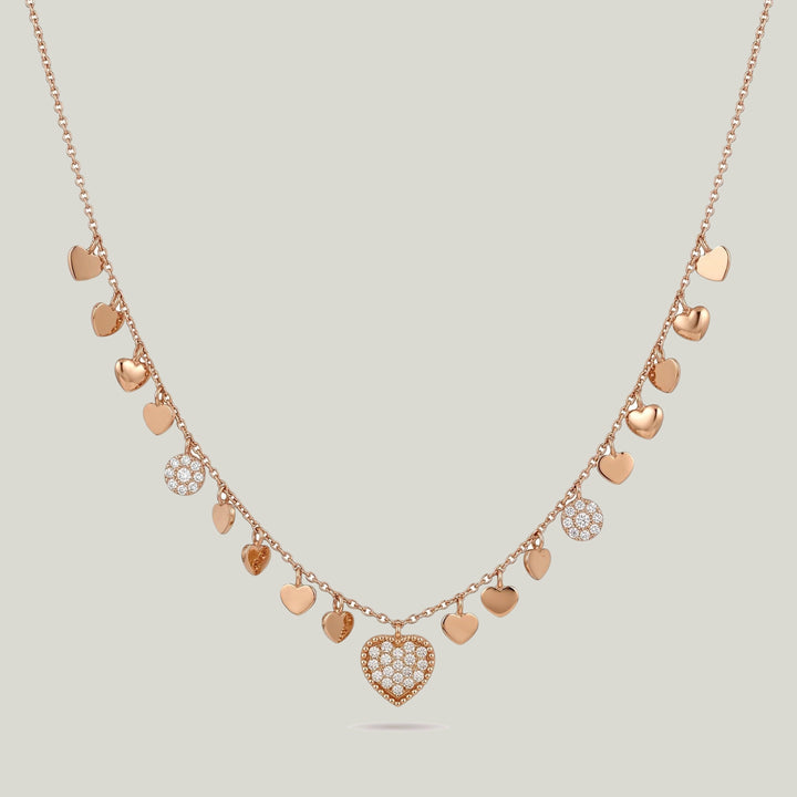 Vintage 18K Rose Gold Diamond Heart Fringe Necklace