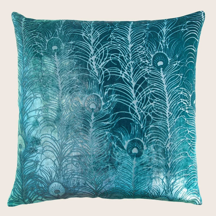 Peacock Feather Velvet Throw Pillow, Pacific